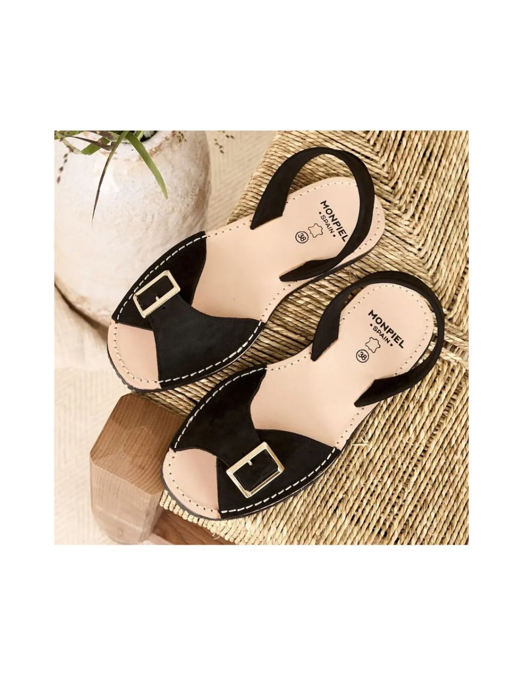 Women Leather Sandals^MONPIEL Menorcan Sandal With Buckle Black
