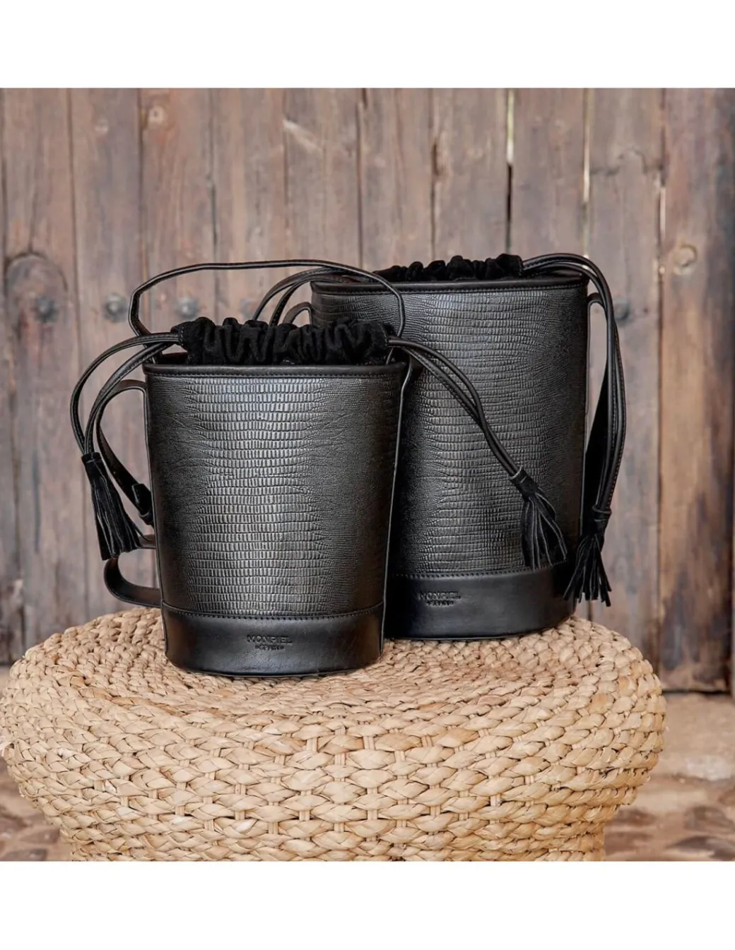 Women'S Leather Bag^MONPIEL Mini Bucket Round Bag Black Snake
