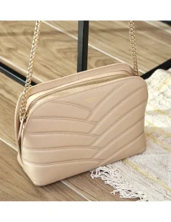 Women'S Leather Bag^MONPIEL Quilted Leather Bag With Gold Chain Beige