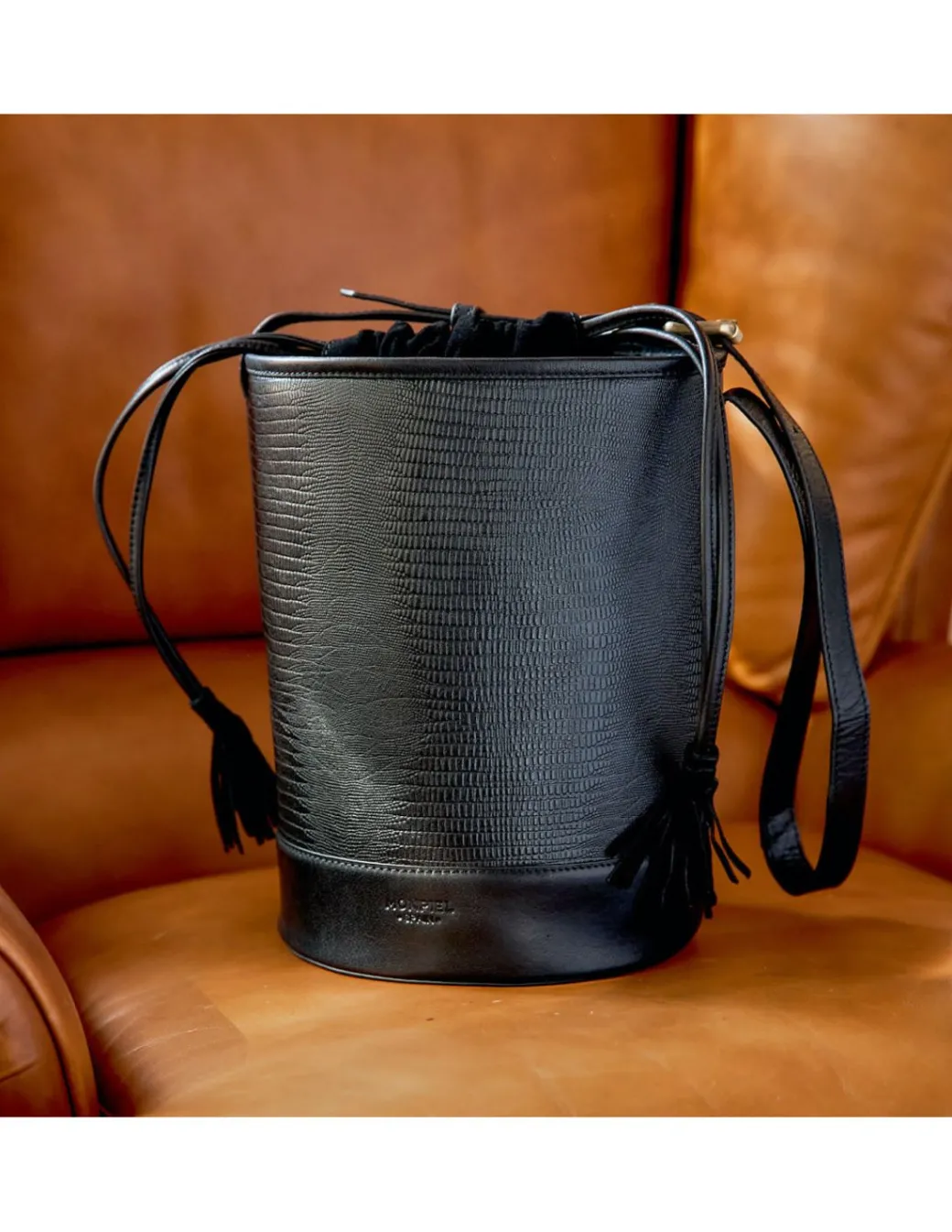 Women'S Leather Bag^MONPIEL Round Bucket Bag Black Snake