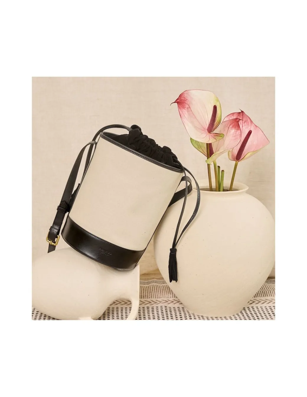 Women'S Leather Bag^MONPIEL Round Canvas Bucket Bag Black