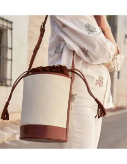 Women'S Leather Bag^MONPIEL Round Canvas Bucket Bag Leather