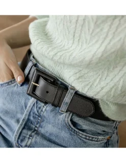Women'S Leather Belts^MONPIEL Wide Leather Belt With Lined Buckle Black