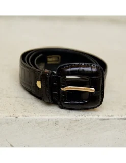 Women'S Leather Belts^MONPIEL Women'S Crocodile Lined Buckle Belt Black